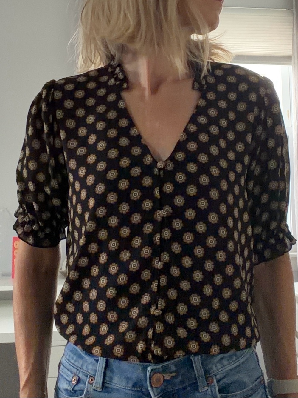 Sanctuary Black Puff Sleeve V-Neck Blouse with Tan Floral Dot Print
